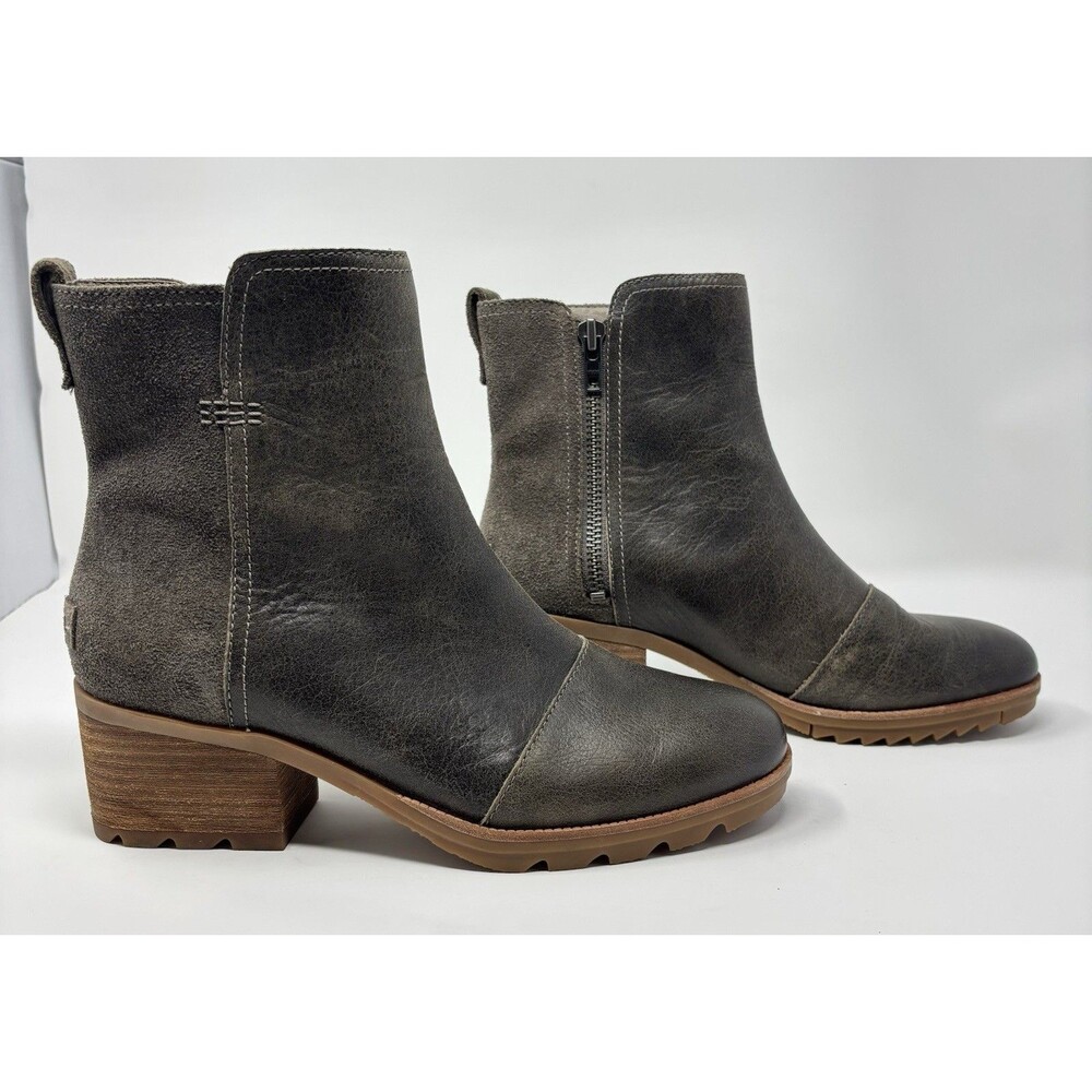 Sorel Cate Ankle Boots Quarry Grey Leather Suede Block Heel NL3381-245 Women 8.5